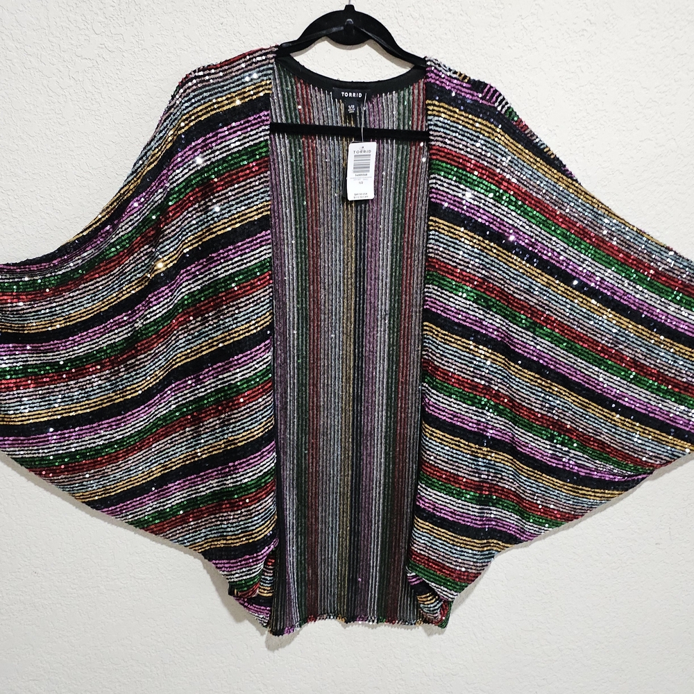 Torrid Multicolored Striped Sequin Kimono Cardigan.